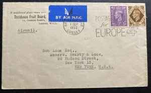 1952 Brighton England Deciduous Fruit Board Airmail Cover To New York Usa