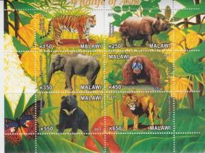 Malawi 2011 M/S Wildlife of Asia Animals Mammal Tiger Monkey Elephant Stamps MNH