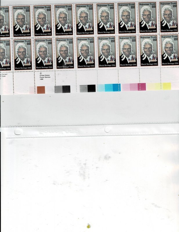 Sojourner Truth 22c US Postage Plate Strip of 20 stamps #2203 VF MNH