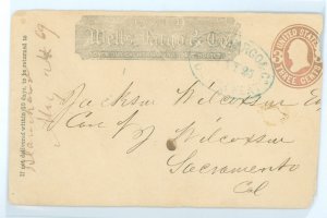 US U59 1869 Wells Fargo 2 company express company sent from Dutch Flat (Placer county) CA to Sacramento, CA on a reduced cover o