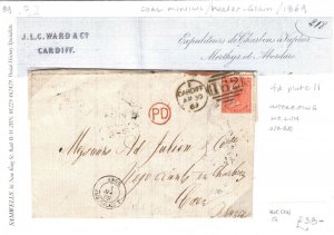 GB WALES Cover Cardiff COAL MINING EL 4d Plate 2 France Caen 1869{samwells}89.32 