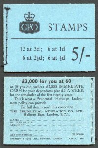 H43g 5/- Booklet March 1960 Wmk Crowns Graphite 2 1/2d upright