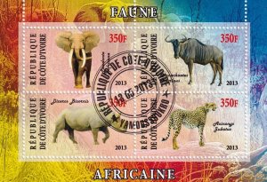 G014 Ivory Coast 2013 african fauna elephant rhino minisheet cinderella