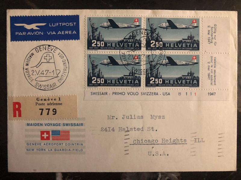 1947 Geneva Switzerland First Flight Cover FFC to USA Swissair # C42 block 4 FDC