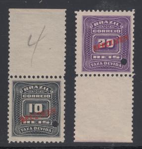 Brazil Sc J28, J29 var MNH. 1906 Postage Dues, 2 diff SPECIMEN w/ Sheet Margin