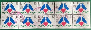 US #2441a Used Booklet Pane of 10 Love Birds SCV $3.50 L35