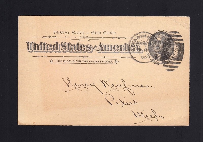 ADVERTISING POSTAL CARD: UX12 Warren, PA 1898 SELF MEASURING OIL TANK 