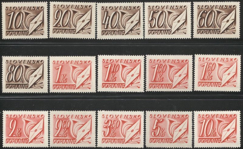 SLOVAKIA  1942  Sc J24-38 Mint NH Set of 15 Postage Dues VF - Posthorn