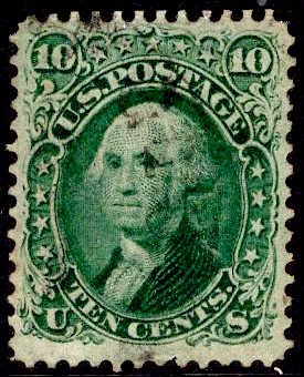 US Stamp #68a DARK GREEN 10c Washington USED SCV $85. 4 Margins.