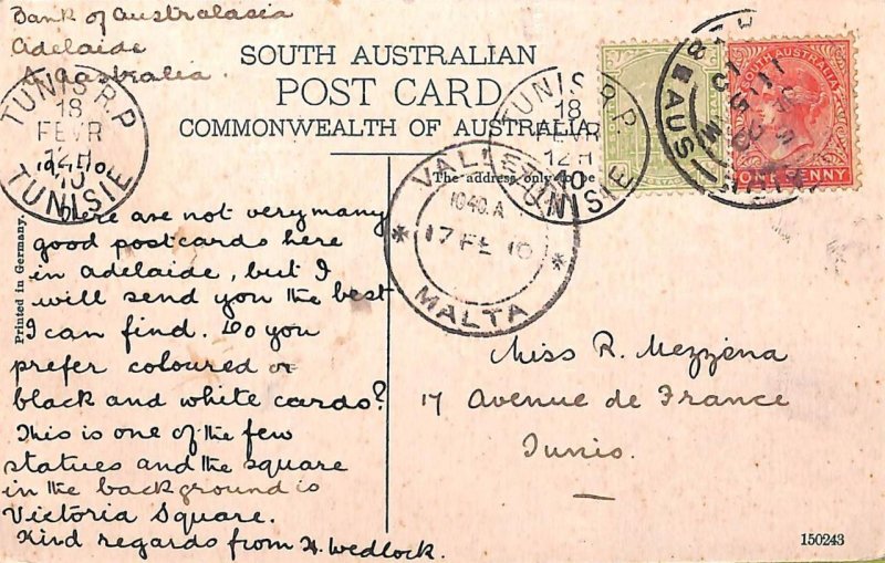 ac6722 -  SOUTH AUSTRALIA  - Postal History - POSTCARD to TUNIS via MALTA!  1910