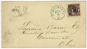 1869 Cincinnati, Ohio cancel in blue on local cover, Scott 113