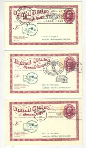 1973 CENTENARY OF US POSTAL CARDS UX65 SET OF 3 CANCELS AFDCS CACHETS