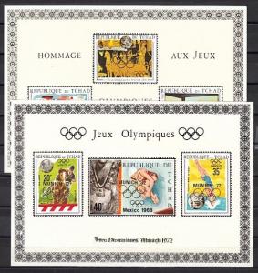 Chad, Scott cat. 239 D-E, F. Olympics o/p MUNICH 72 in GOLD. 2 s/sheets.