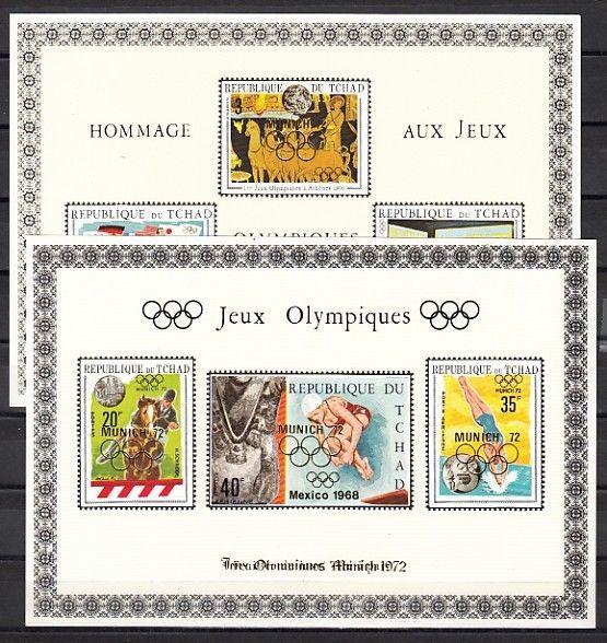 Chad, Scott cat. 239 D-F. Olympics issue o/p MUNICH 72 in GOLD. Deluxe s/sheets.