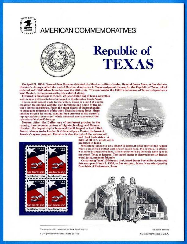 USPS COMMEMORATIVE PANEL #259 REPUBLIC OF TEXAS #2204