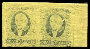 Mexico #9b, 1861 4r black on yellow, without overprint, horizontal pair, ligh...