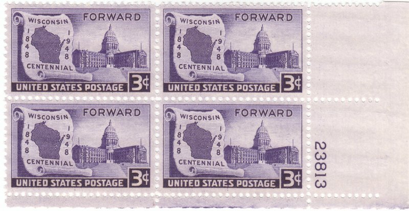 Scott # 957 - 3c Dark Violet- Wisconsin Issue- plate block of 4 - MNH