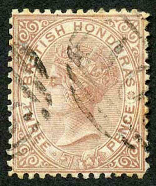 British Honduras SG7 3d Red Brown Wmk crown CC Perf 12.5 used (traces of toning)