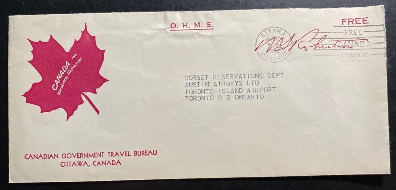 1962 Ottawa Canada On His Majesties Service Travel Bureau Cover To Toronto