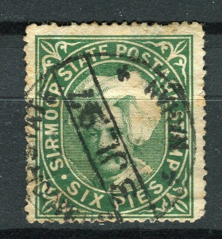 INDIA; SIRMOOR 1885-90s early Raja Parkash local issue fine used 6p. value