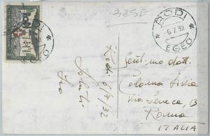 71621 - EGEO Rodi - Storia Postale - Sassone # 65  isolato su CARTOLINA 1932