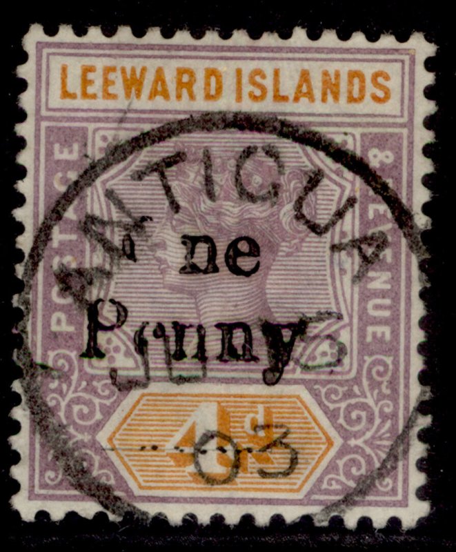 LEEWARD ISLANDS QV SG17 VAR, 1d on 4d, 'O of One almost missing', FINE USED.