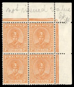 Malayan States - Pahang, 1935 unissued 2c brown orange, corner margin block o...