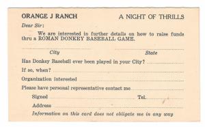 UY7 Reply Postal Card Orange J Ranch Donkey Baseball Union City NJ Inquiry