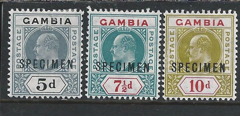 GAMBIA 1904-06 SET OF THREE OVERPRINTED SPECIMEN MM SG 63s/65s/66s CAT £75