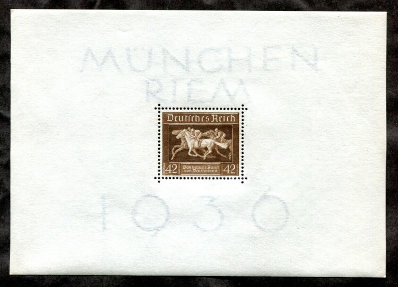 x590 - GERMANY Reich 1936 Horse Race Souvenir Sheet. München Riem Mint MNH