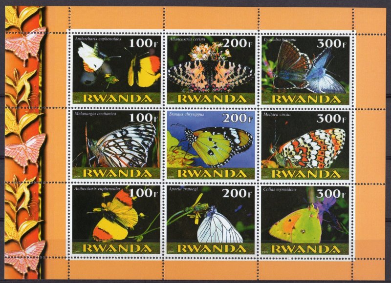 Rwanda 1999  BUTTERFLIES Sheetlet (9) Perforated MNH