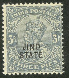 INDIA ICS JIND 1913-14 KGV 3p Gray Portrait Issue Sc 88 MH