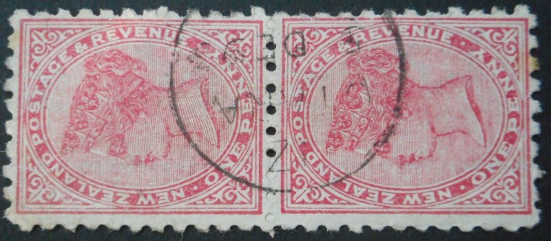 New Zealand 1893 One Penny pair with Moss and Patent adverts CP DA2j used