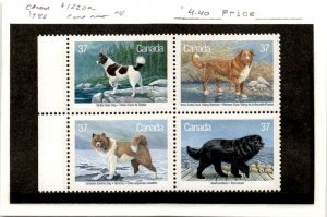 Canada, Postage Stamp, #1220a Block Mint NH, 1988 Dogs (AE)