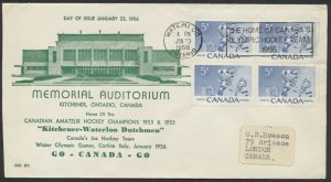 1956 #359 Hockey FDC, Block, Kitchener Auditorium Cachet, Waterloo Ont Slogan