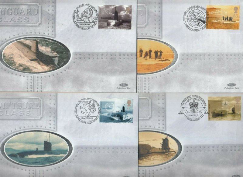 2001 GB SUBMARINES SET OF 4 BENHAM SILK DAY COVERS+ RARE SELF ADHESIVE COVER