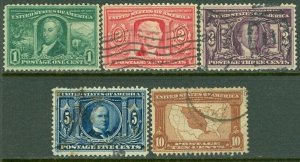 EDW1949SELL : USA 1904 Scott #323-27 Fine-Very Fine, Used. Light cancels Cat $92