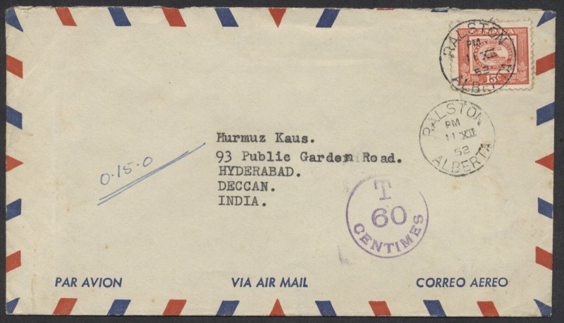 1952 Foreign Destination Cover Ralston Alberta to India Short Paid #314