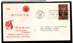 US 897 1940 3c Wyoming 50th anniv of Statehood on an addressed (typed) FDC with an embossed cachet