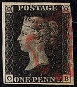 GBR SC #1 U (O,B) 1840 Queen Victoria 3+ margins, CV $375.00