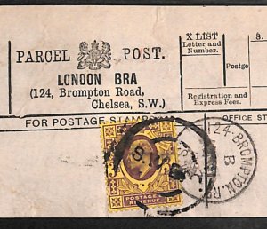 GB Chelsea PARCEL POST LABEL *124 BROMPTON ROAD* BRA London SW CDS KEVII 3d QB40