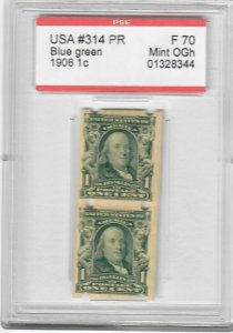 #314 PR, Blue green, Cert F70, Mint OGh  - Brinkerhoff Type