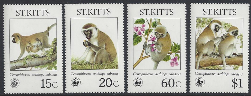 St. Kitts #189-92 MNH set, WWF various monkeys, issued 1986