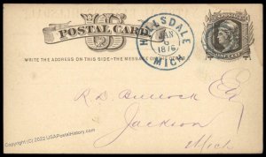 USA 1876 HILLSDALE Michigan Blue Cancel Postal Card Cover 96315