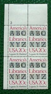 USA 2015, 20c American Libraries, plate block of 4, plate...