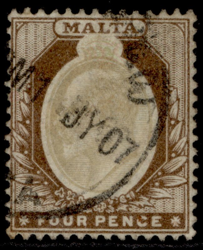 MALTA EDVII SG43, 4d blackish brown & brown, USED. Cat £19. WMK CA