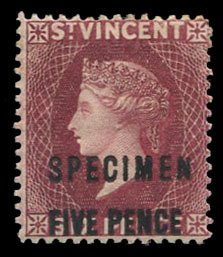 St. Vincent #59S Cat$55, 1893 5p on 6p deep lake, overprinted Specimen, hinged