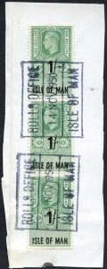 Isle of Man KGVI 3 x 1/- Key Plate Type Revenues Used on Piece