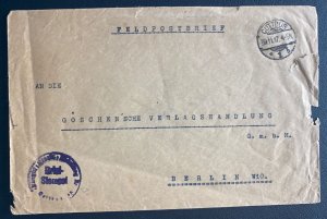 1917 Cottbus German Feldpost Cover To Goschen publishing action Berlin