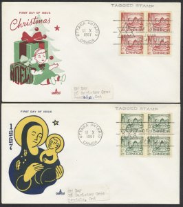 1967 #476p-477p Winnipeg Tagged Christmas FDCs, Blocks, Capital Cachet, Ottawa